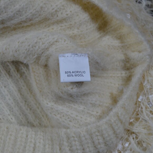 Golden Days cream knit crew neck sweater lace shoulder textured bishop sleeve S - Picture 14 of 16